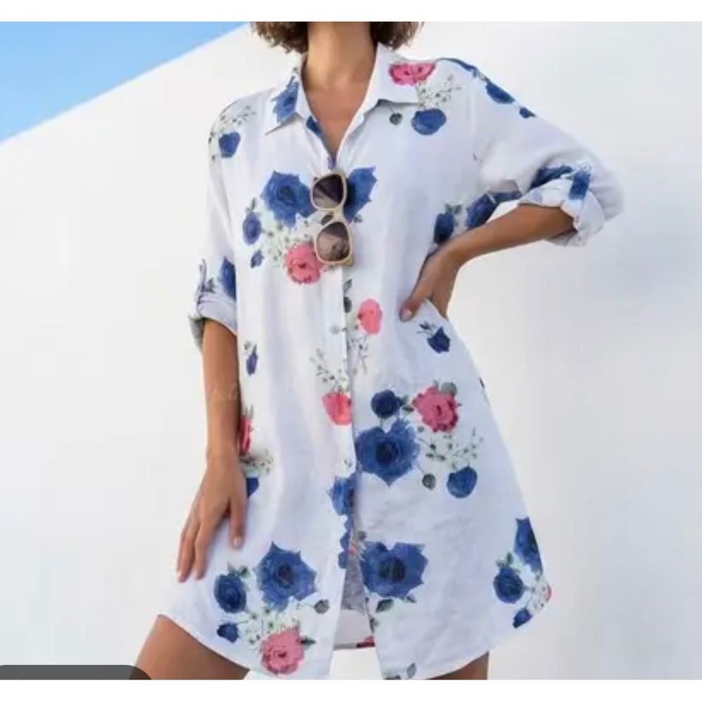 New Collection Linen Floral Tunic Shirt Dress White Blue Pink Rose Pockets L